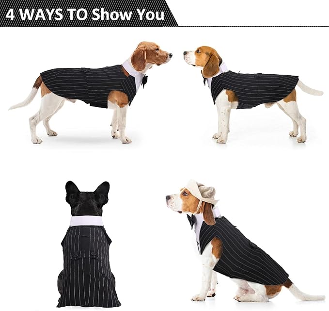 DORA BRIDAL Dog Tuxedo for Medium Dogs, Dog Suit and Bowtie, Formal Dogs Wedding Outfit, Pet Tuxedo and Bandana Set Valentines Birthday Costumes for French Bulldog, Pomeranian, Dachshund, Striped, M