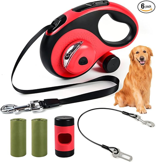 Heavy Duty Retractable Dog Leash for Large Dogs, 26ft Dog Leash with Poop Bag Holder, Up to 110lbs, chew Proof Cable, LED Light, 360° No-Tangle, One-Handed Pause & Locked (Red, L 26ft)