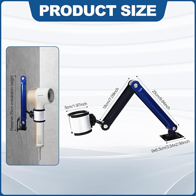 Hands Free Hair Dryer Holder Wall Mounted - Adjustable Angle Blow Dryer Holder Equipped with Universal Holder Allowing You to Dry Hair Hand Freely