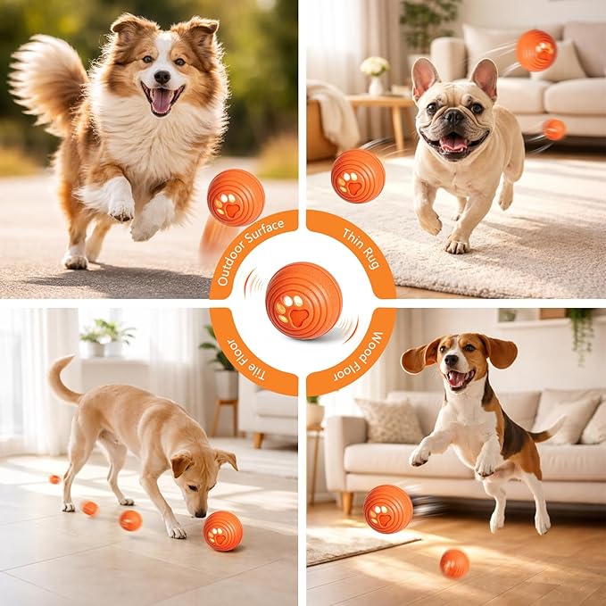 Interactive Dog Ball, Automatic Dog Toy, Vibrating Dog Ball with 4 Play Modes, Moving & Bouncing Ball for Dogs, Smart Self Rolling Dog Toy for Small Medium Dogs, USB-C Rechargeable, Orange
