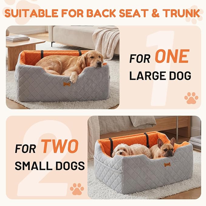 Dog Car Seat for Large Dogs - Foam Dog Booster Seats for 2 Small Dogs, High Depth Car Pet Seat with Storage and 2 Safety Leash, Washable Portable Travel Cat Bed, 2-inch, Grey