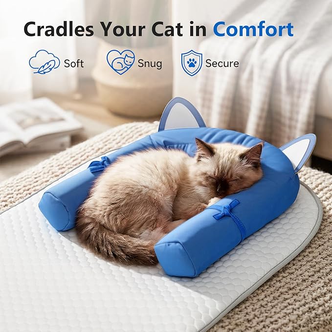 Cat Cooling Mat with Soft U-Shaped Pillow– Breathable Calming Cooling Pad for Cats– Portable Washable Summer Cooling Cat Bed for Indoor Or Travel Use,Blue Cat