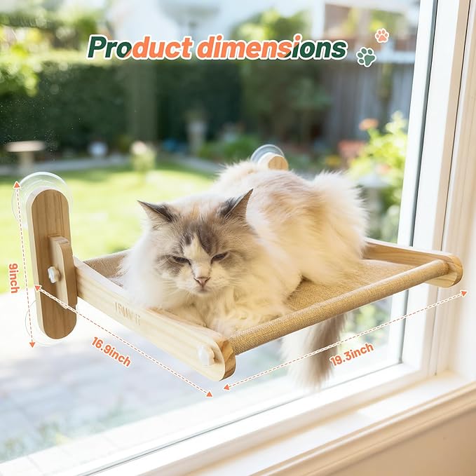 Foldable Cat Window Perch - Natural Pine Cat Sill Seat, 45LBS Heavy Duty Cordless Design, Space-Saving No-Scratch Window Hammock for Indoor Cats