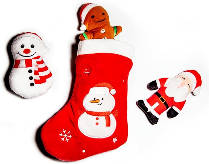 Glow Pups Christmas Stocking Hide and Seek Dog Toy, Interactive Plush Santa, Snowman, Gingerbread Man, Crinkle and Squeak, Holiday Burrow Toy for Small Medium Dogs, Red Plush Christmas Snowflake