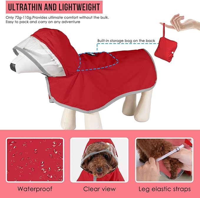 Lukovee Dog Raincoat - Lightweight Hooded Dog Rain Coat for Large Medium Small Dogs, Adjustable Poncho Jacket with Reflective Stripes & Built-in Storage Pocket (Red, Medium)