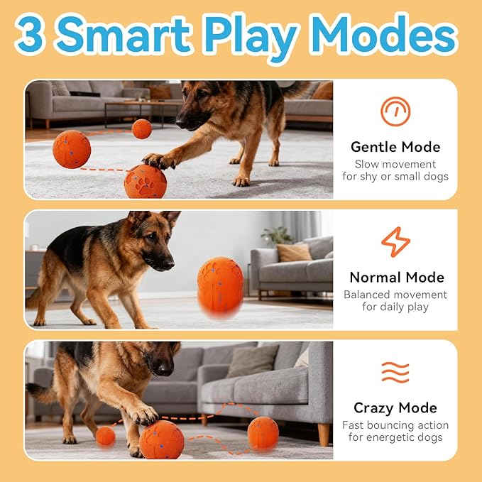 Smart Interactive Dog Toy Ball, Automatic Moving Rolling & Bouncing, Motion Activated E-TPU Dog Ball, Waterproof Chew Resistant for Medium & Large Dogs (Orange)