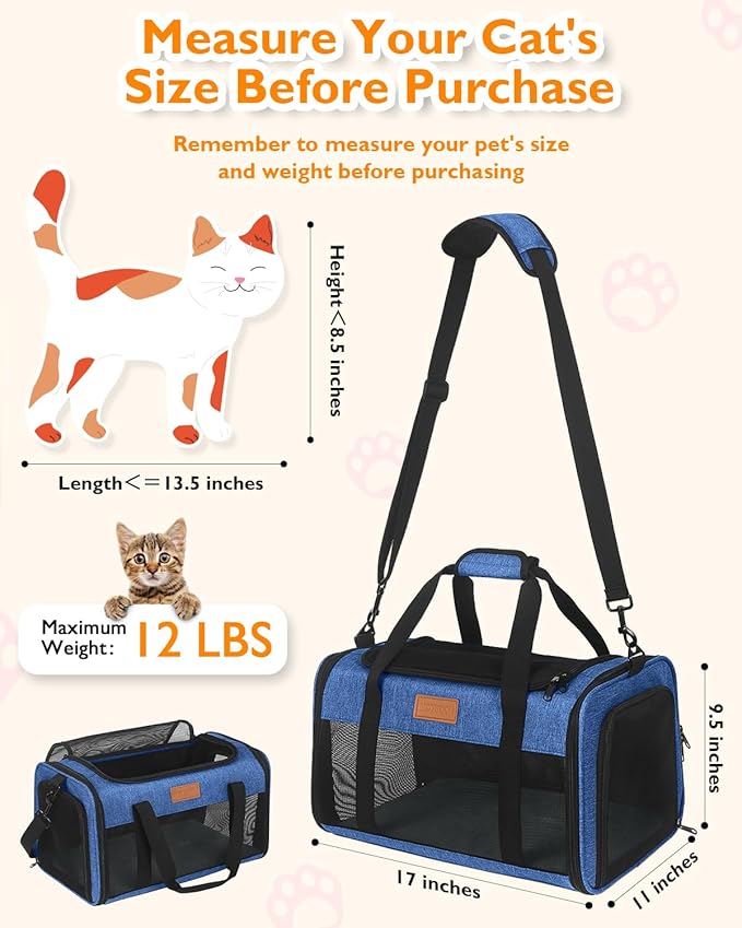 PETUX Airline Approved Pet Carrier - 17x11x9.5 in, Underseat, Top & Side Entry, Soft Sided Cat Carrier for Small Cat Up to 12 lbs with Breathable Anti-Scratch Mesh for Travel & Vet - Blue
