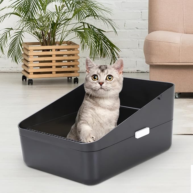 Sfozstra Black Open Top Cat Litter Box - Medium, High Sides & Leak-Proof, Easy-Clean Litter Pan, Odor-Reducing, Durable ABS, for Home Cats Up to 13 lbs