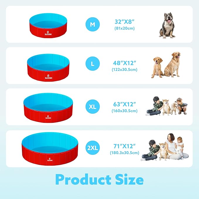 Sloosh Foldable Dog Pool - Portable Hard Plastic Doggie Swimming Pool, Anti-Slip Collapsible Pets Bath Tub Suitable for Indoor Outdoor Backyard Use (Red, 71" x 12")
