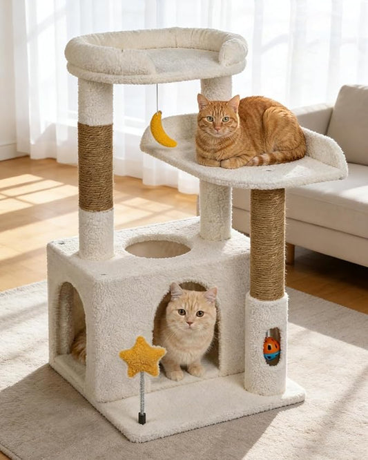 32In Cute Cat Tower for Indoor Cats with Cat Condo, Plush Platform, Hammock, Sisal Scratching Posts, Dangling Ball, Tall Cat Tree Tower with Self-Grooming Brush (Beige)