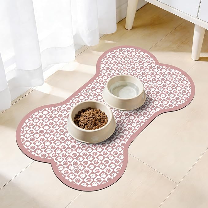 Pet Mats for Food and Water, Pink Bone Dog Food Mat for Floors, Non Slip Indoor Quick Dry Cat Bowl Feeding Mats (15.7” X23.6”)
