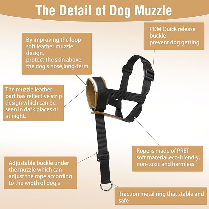 Dog Muzzle,Adjustable Loop Pets Muzzle Soft Leather Protect Skin Puppy Muzzles Prevent Biting Chewing Barking Allow Panting Drinking,Not Include Dog Collar (Khaki, Medium)