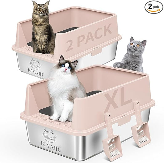 2PACK Stainless Steel Cat Litter Box with High Sides Lid, XL Litter Box for Big Multiple Cats, Extra Large Metal Kitty Litter Boxes with Anti-Leakage Enclosure, Non-Stick,Odorless,Scoop Included