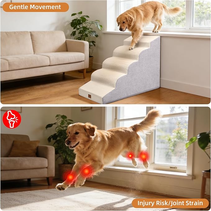 Dog Stairs for Small Dogs and Cats, 22.6" H, 5-Step Curved Pet Ramp for High Bed, Non-Slip Medium Pet Steps with High Density Foam, Beige
