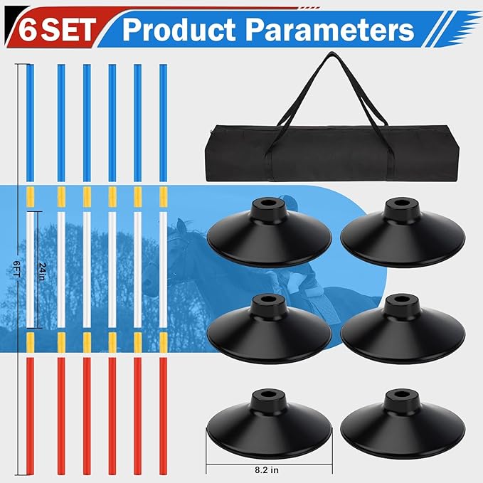 6 Pcs 6FT Pole Bending Poles for Horses | Horse Training Equipment with Round Base | Adjustable Gear for Horse Agility, Equestrian Sports, Soccer Drills, Football Practice & Dog Obstacle Courses