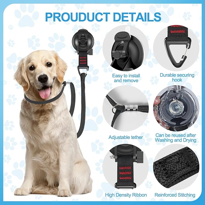 Dog Bathing Tether with Heavy Suction Cup, Dog Grooming Tub Restraint Soft Nylon Leash with Adjustable Collar for Pet Dog Cat Shower and Grooming Red