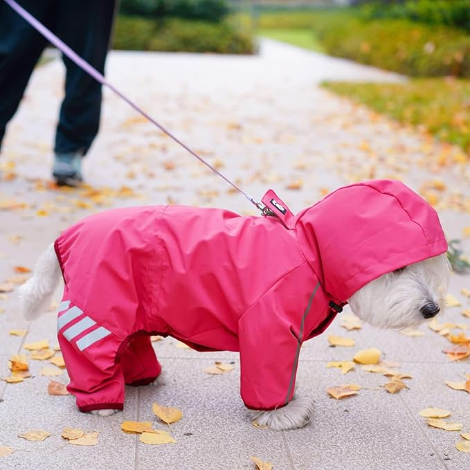 Dog Raincoat, Waterproof Dog Rain Jacket with Hood, Rain Coat with Leash Hole, Reflective Strap for Small Medium Dogs, Outdoor Adventures/Walking Lightweight Puppy（Pink,L）