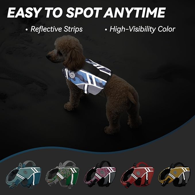 VIVAGLORY Sports Style Dog Life Vest, Dog Life Jacket for Swimming & Boating, Ripstop & Buoyancy for Puppy Doggy, Lifejacket with Handle, XS, Camo Blue