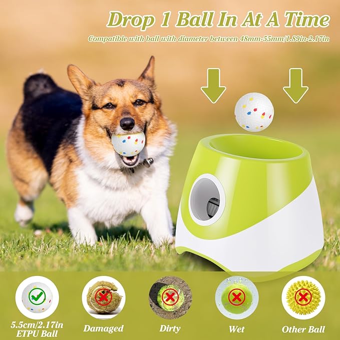Automatic Dog Ball Launcher, Dog Ball Thrower with 20-46ft 3 Launching Distance, Rechargeable Dog Toy Mental Stimulation Training Game with 2.3" ETPU Balls for Energetic Small Medium Dogs