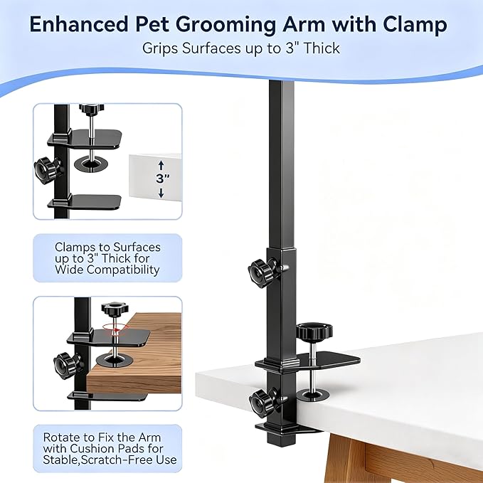 Dog Grooming Arm with Pet Grooming Hammock, 27”-42” Adjustable Grooming Stand with No Sit Haunch Holders and Loop Noose, Grooming Restraint for Small and Medium at Home or Salon