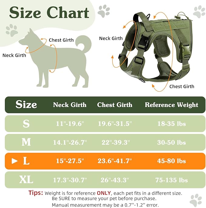 VavoPaw Heavy Duty Tactical Dog Harness for Large Dogs, No Pull Adjustable Pet Harness Reflective Service Training Easy Control Pet Vest Military K9 Working Dog Harnesses, Army Green, L