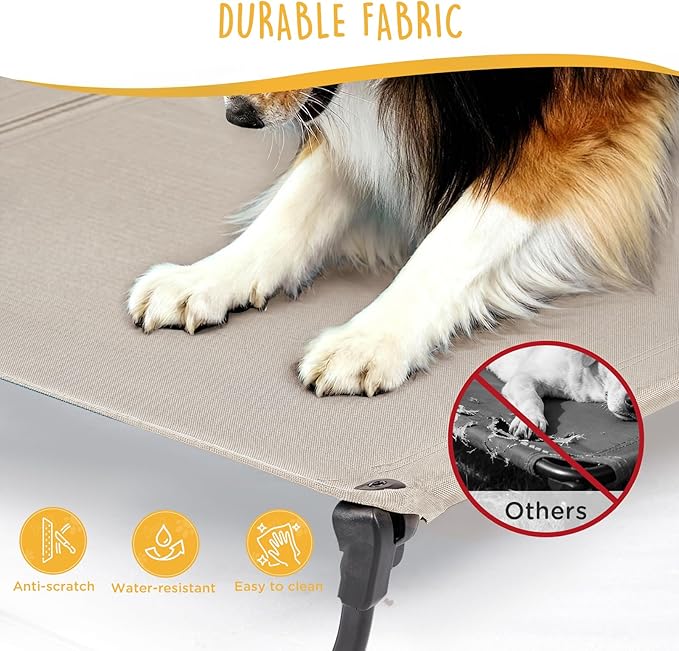 CANINE CANYON Upgraded Non-Slip Daisy Cot, Large Foldable Elevated Dog Bed, Portable Raised Outdoor Folding Dog Cot for Camping/Home, Chew Proof Waterproof Heavy Duty Up to 160 Lbs, Brown, 43"x27"