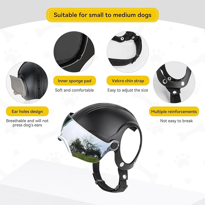 Small Dog Helmet, Pet Motorcycle Helmet with Ear Holes, Adjustable Pet Safety Hat with Flip-Up Silver Visor, Small-Medium Puppy Heads Protection, Non-Spiked