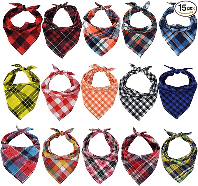 15pcs Dog Bandanas, Dog Scarf Kerchief Bibs Washable Girl Boy Dogs Bandanas Set Cotton Checkered Pet Bandana Outdoor Fall Accessories for Small Dogs Cat Pet