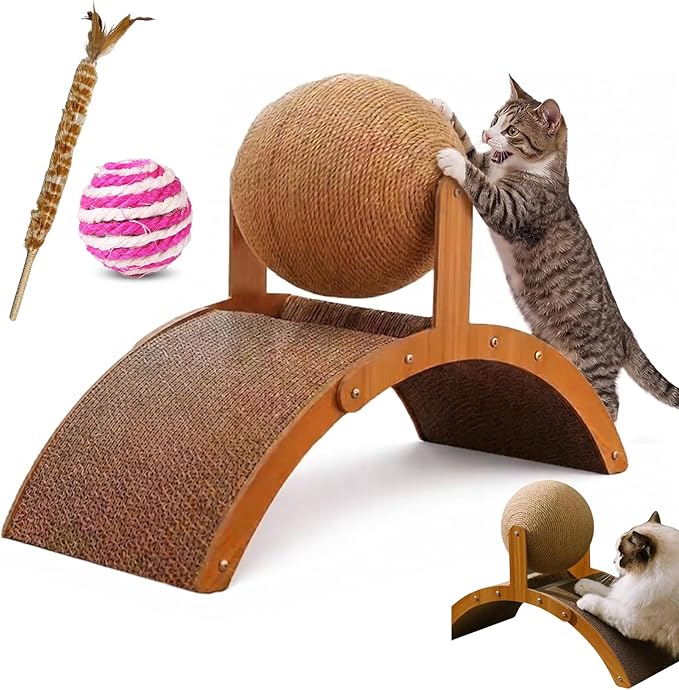 Wobble Ball Cat Scratcher, Cat Scratching Ball on Stand, 2-in-1 Interactive Cat Scratcher with 360° Rotating Sisal Ball & Arch Bridge, Solid Wood for Indoor Cat Kittens - Protects Furniture & Rugs (S)
