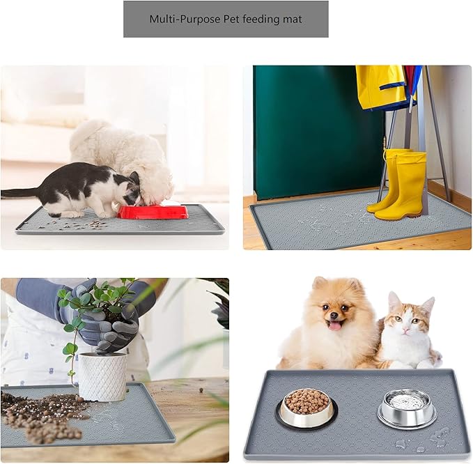 Cat Dog Food Mat Silicone Pet Feeding Mat Waterproof & Non Slip Pet Bowl Placement Tray to Prevent Food Spills and Water Messes Out to Floor(Black)