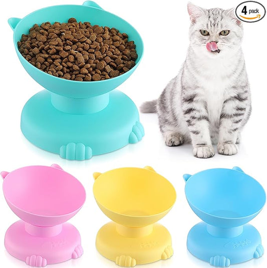 4 Pcs Raised Elevated Cat Bowls for Indoor Cats Removable 15° Tilted Raised Kitty Food Bowls Plastic Extra Wide Feeding Dish for Food Water Anti Vomiting