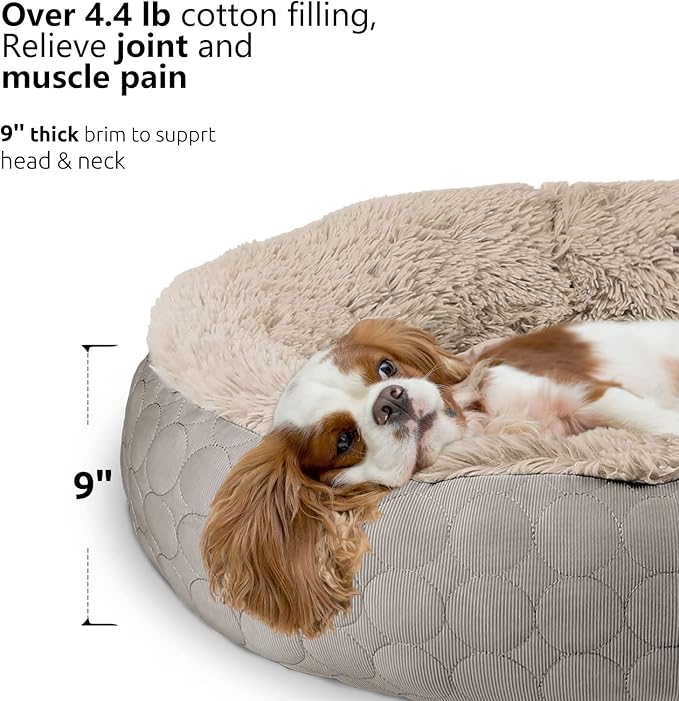 HachiKitty Dog Donut Round Calming Bed, Fluffy Bed for Medium Large Dogs, Double Sided Available with Warm & Cool Sides (30"x30"x9", Taupe)