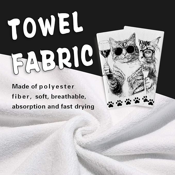 Funny Cat Kitchen Dish Towels Set of 2, Black White Coffee Wine Drying Hand Towel Baking Cooking Cloth, Paw Print Bar Pub Cafe Home Decoration Gifts for Pet Cat Owner Lovers 18'' x 26''