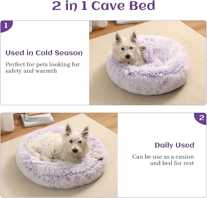 Calming Donut Dog Bed with Hooded Blanket – Plush Fluffy Cave Bed for Small & Medium Dogs, Machine Washable Anti-Anxiety Pet Bed for Cats