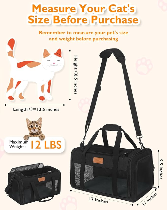 PETUX Airline Approved Pet Carrier - 17x11x9.5 in, Underseat, Top & Side Entry, Soft Sided Cat Carrier for Small Cat Up to 12 lbs with Breathable Anti-Scratch Mesh for Travel & Vet - Black