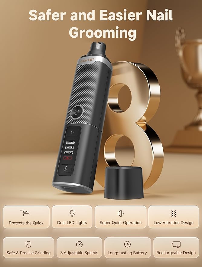 Dog Nail Grinder, Quiet Electric Dog Nail Trimmer with 2 LED Lights, 3-Speed Pet Nail Grinder for Dogs & Cats, Rechargeable 2000mAh Nail Grinder for Small Medium Large Dogs with Light, Black
