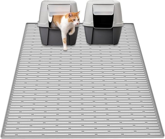 40"x30"(100cmx75cm) Extra Large Silicone Cat Litter Mat, XXL Litter Trapping Mat for Under Litter Box, Non-Slip Waterproof Kitty Litter Catcher, Easy to Clean Mat for Cats, Gray White