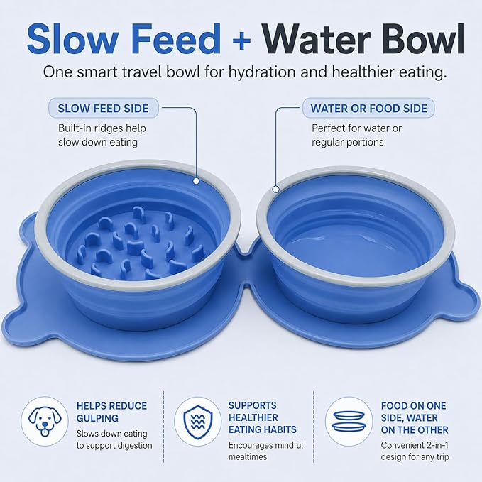 Collapsible Dog Bowls, 2-in-1 Silicone Pet Food and Water Bowl with Carabiner - Portable Double Compartment Travel Dish for Dogs, Ideal for Camping, Hiking, Car Rides, Puppy Essentials (Blue)