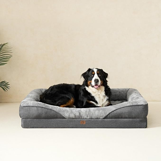 EHEYCIGA Orthopedic XL Dog Bed for Large Sized Dog, 42x30 Inch Extra Large Memory Foam Dog Couch Bed with Sides, Waterproof Liner & Washable Removable Cover, Bolster Pet Sofa, Grey