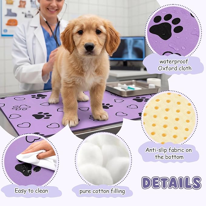 AceOrbit 1 Pack 24x36 Inch Non-Slip Dog Grooming Mat for Table Dog Vet Mat Black and Purple Pet Paw Print Grooming Pad for Cat Pet Checkups Rehabilitation Bath, Waterproof and Easy to Clean