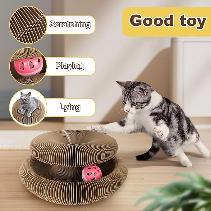 Kitty Curls Cat Toy, Magic Organ Cat Scratching Board with Bell-Ball, Foldable Interactive Marlenes Kitten Curls Cat Scratchers for Indoor Cats