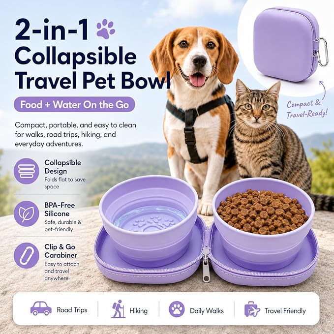 Portable Dog Bowl, Collapsible 2-in-1 Travel Dog Bowls with Carabiner Clip, Silicone Double Pet Food and Water Dish for Outdoor Camping and Hiking (Purple)