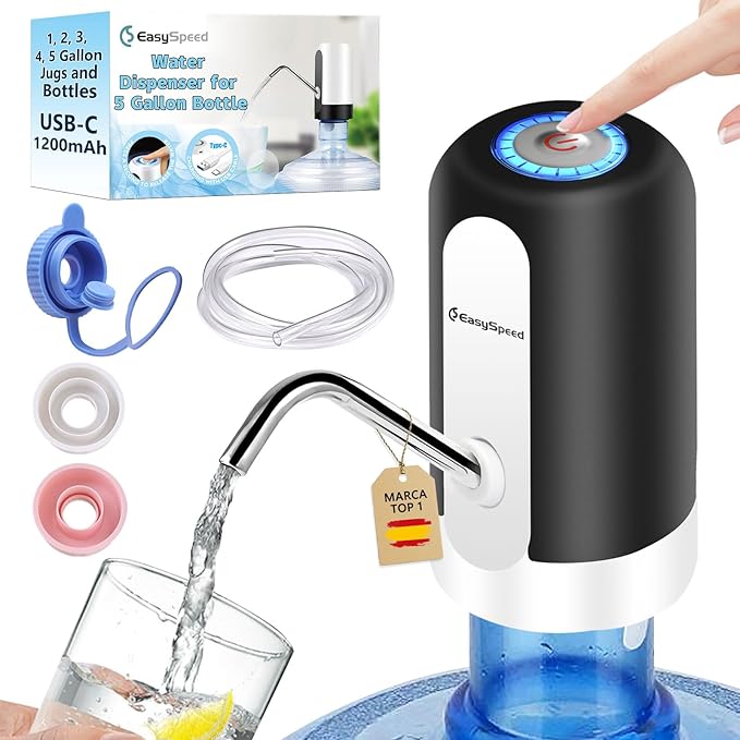 Water Dispenser for 5 Gallon Bottle, USB-C Electric Water Pump for 5 Gallon Jugs and Bottles, Portable Automatic Drinking Water Dispenser for Camping, Travel, Black