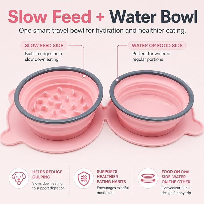 Collapsible Dog Bowls, 2-in-1 Silicone Pet Food and Water Bowl with Carabiner - Portable Double Compartment Travel Dish for Dogs, Ideal for Camping, Hiking, Car Rides, Puppy Essentials(Pink)