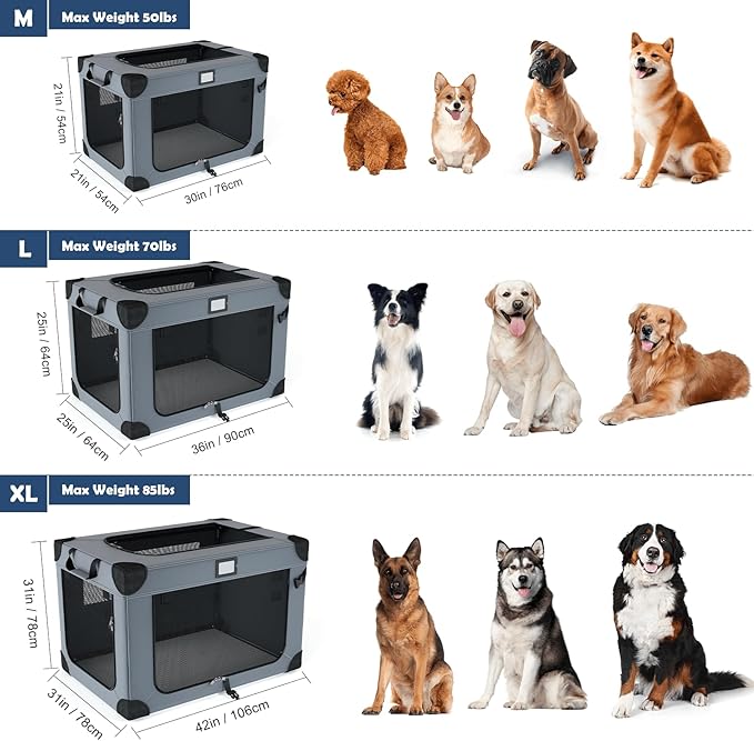 42 Inch Soft Dog Crates, Collapsible Dog Travel Crate for Extra Large Dogs Indoor & Outdoor, 3-Door Foldable Pet Kennel with Mesh Windows, Soft Blanket and Foldable Bowl
