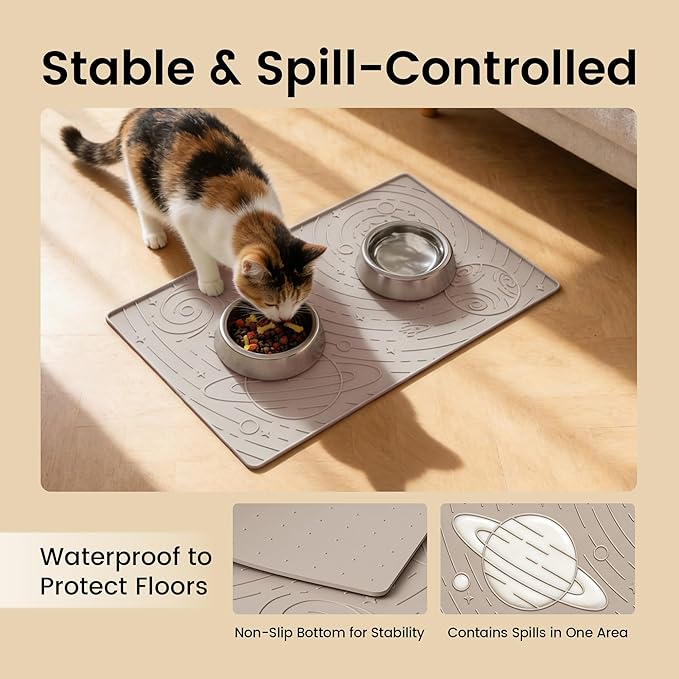 OHMO Dog Food Mat, Silicone Waterproof Cat Food Mat, Non-Skid Spill Proof Pet Feeding Mat for Food and Water, Easy to Clean Dog Placemat(Beige, 18.9" x 11.8")
