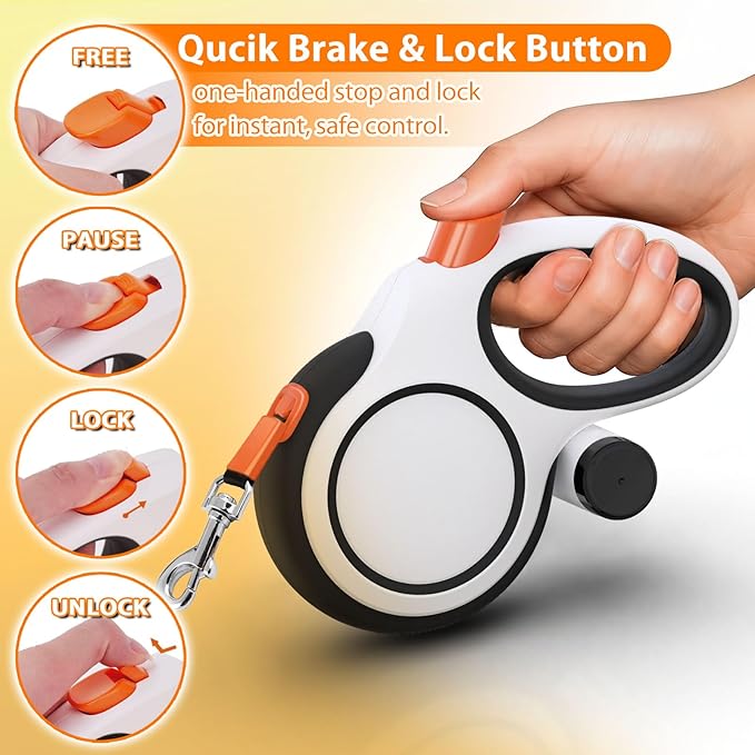 Retractable Dog Leash 26ft Heavy-Duty for Medium & Large Dogs - Upgraded Lock, Tangle-Free, Ergonomic Grip - Perfect for Walking, Running, Outdoor Training (White)