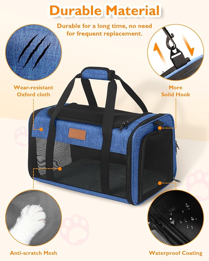 PETUX Airline Approved Pet Carrier - 17x11x9.5 in, Underseat, Top & Side Entry, Soft Sided Cat Carrier for Small Cat Up to 12 lbs with Breathable Anti-Scratch Mesh for Travel & Vet - Blue