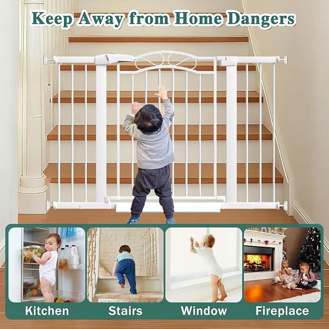Fairy Baby 29.5"-40.5" Extra Wide Baby Gate, Metal Child Safety Gate for Kids Or Pets, Long Dog Gates Indoor No Drill for House Doorway, Pressure Mounted Easy Walk Through Pet Gate with Door, White