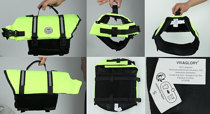 VIVAGLORY Rip Stop Dog Life Vest, Swimming Vest with Handle, Buoyancy for Doggy Puppy, Dog Life Jacket for Swimming & Boating, S, Bright Yellow